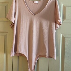 Women's Pink Ribbed V-Neck Bodysuit